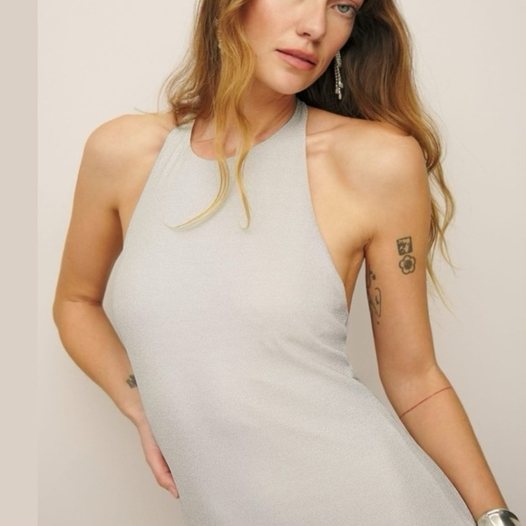 Reformation Selene Knit Dress in Silver Sparklr L Halter Neck Open Back NWT - Picture 4 of 12